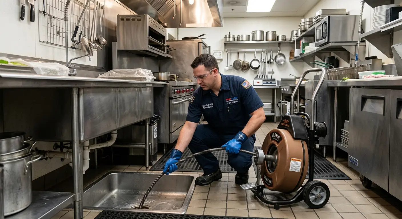Commercial drain cleaning service in a restaurant kitchen in Newport