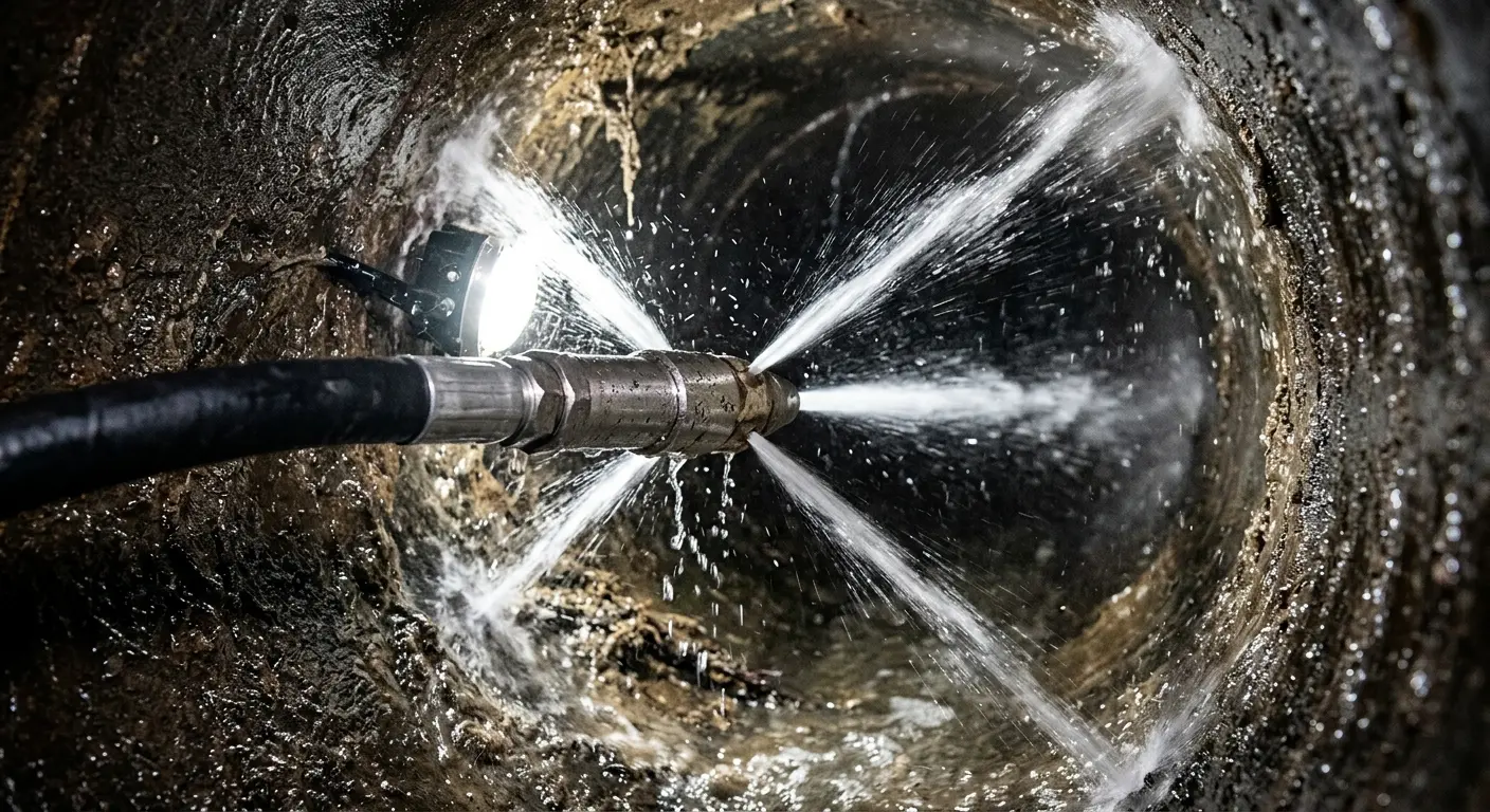 High-pressure hydro jetting nozzle cleaning sewer pipe for Sewer Cleanout in Newport